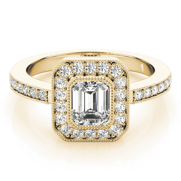 Yellow gold Heart-Cut Halo Diamond Ring with Pavé Band and Milgrain Prong Setting