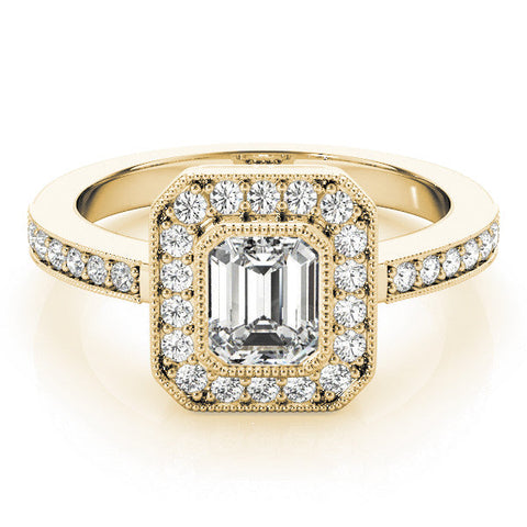 Yellow gold Emerald Cut Halo Diamond Ring with Pavé Band and Milgrain Prong Setting