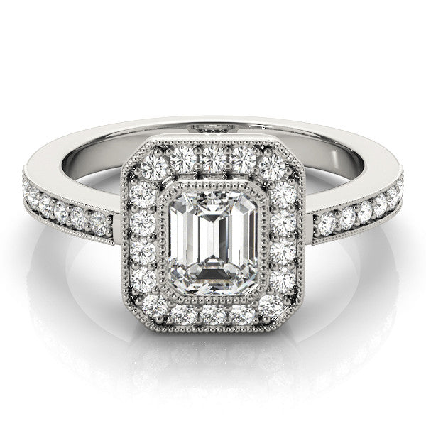 Platinum Emerald Cut Halo Diamond Ring with Pavé Band and Milgrain Prong Setting
