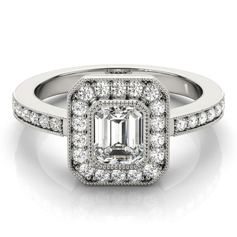 Platinum Emerald Cut Halo Diamond Ring with Pavé Band and Milgrain Prong Setting