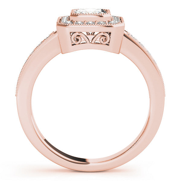 Rose gold Cushion-Cut Halo Diamond Ring with Pavé Band and Milgrain Prong Setting