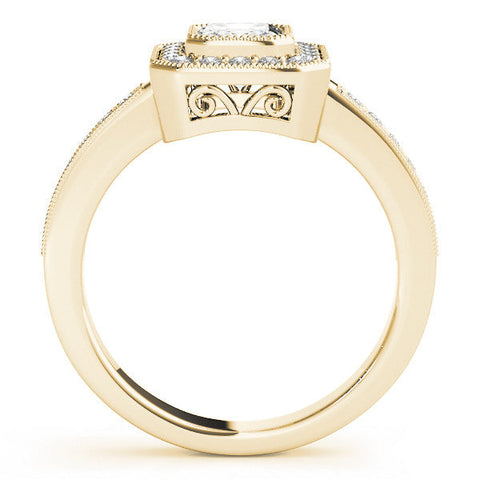 Yellow gold Princess-Cut Halo Diamond Ring with Pavé Band and Milgrain Prong Setting