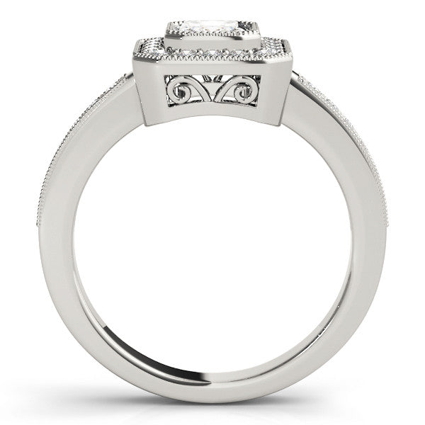 Platinum Round-Cut Halo Diamond Ring with Pavé Band and Milgrain Prong Setting