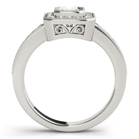 Platinum Round-Cut Halo Diamond Ring with Pavé Band and Milgrain Prong Setting