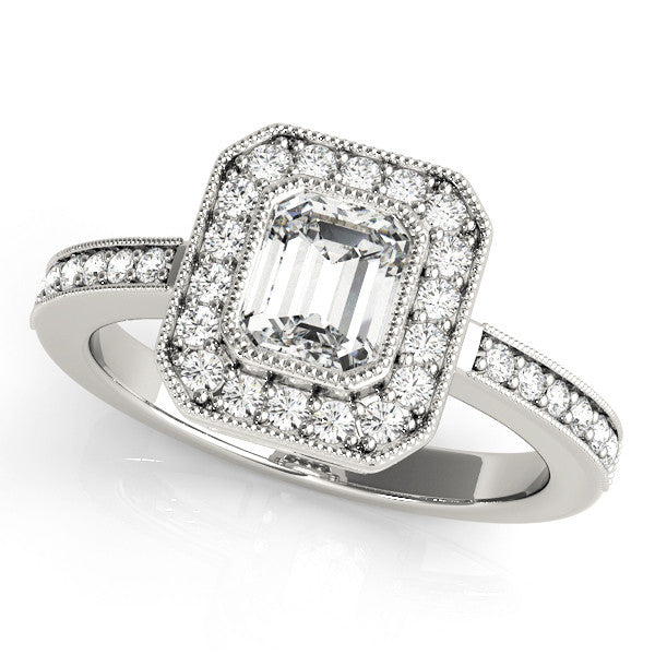Platinum Round-Cut Halo Diamond Ring with Pavé Band and Milgrain Prong Setting