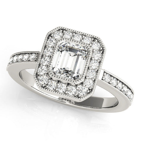 White gold Pear-Cut Halo Diamond Ring with Pavé Band and Milgrain Prong Setting