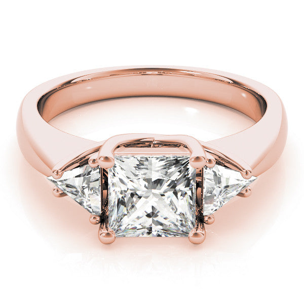 Rose gold Three-Stone Princess Cut Diamond Ring with Trillion Side Stones and Four-Prong Setting