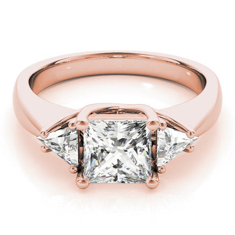 Rose gold Three-Stone Princess Cut Diamond Ring with Trillion Side Stones and Four-Prong Setting