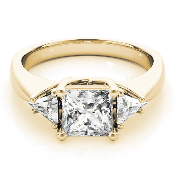 Yellow gold Three-Stone Princess Cut Diamond Ring with Trillion Side Stones and Four-Prong Setting