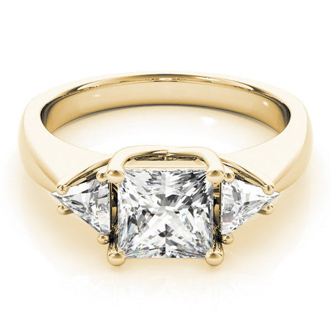 Yellow gold Three-Stone Princess Cut Diamond Ring with Trillion Side Stones and Four-Prong Setting