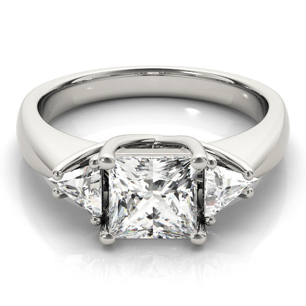 Platinum Three-Stone Princess Cut Diamond Ring with Trillion Side Stones and Four-Prong Setting