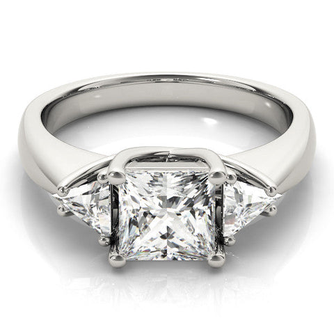 Platinum Three-Stone Princess Cut Diamond Ring with Trillion Side Stones and Four-Prong Setting