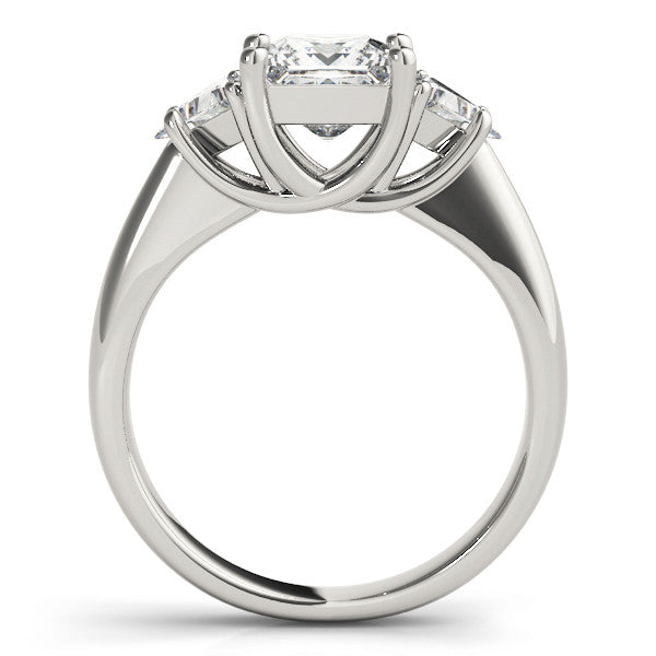 Platinum Three-Stone Princess Cut Diamond Ring with Trillion Side Stones and Four-Prong Setting