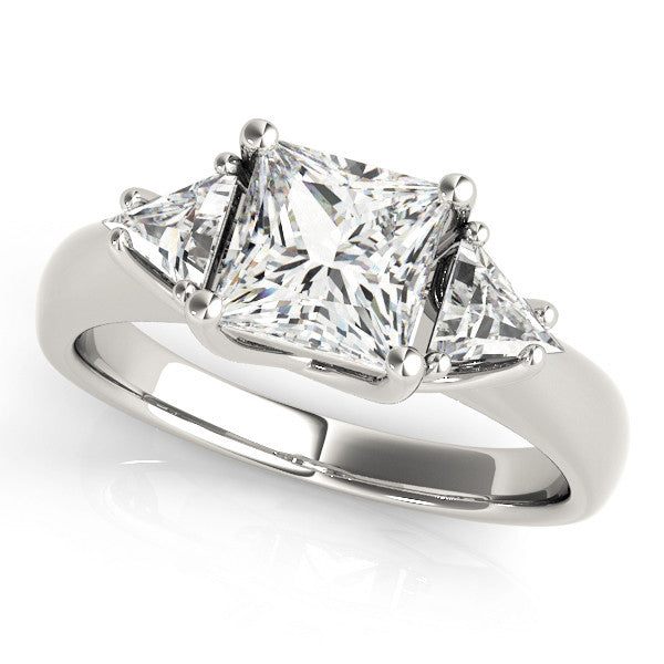 Platinum Three-Stone Princess Cut Diamond Ring with Trillion Side Stones and Four-Prong Setting