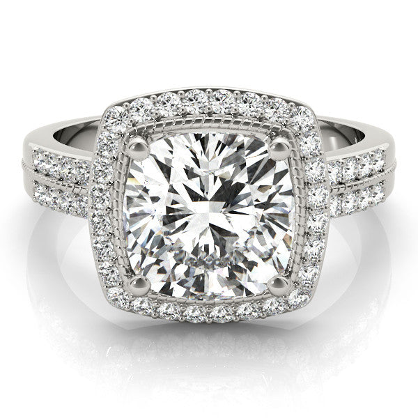 White gold Cushion Halo Pave Split Shank Prong Setting Ring