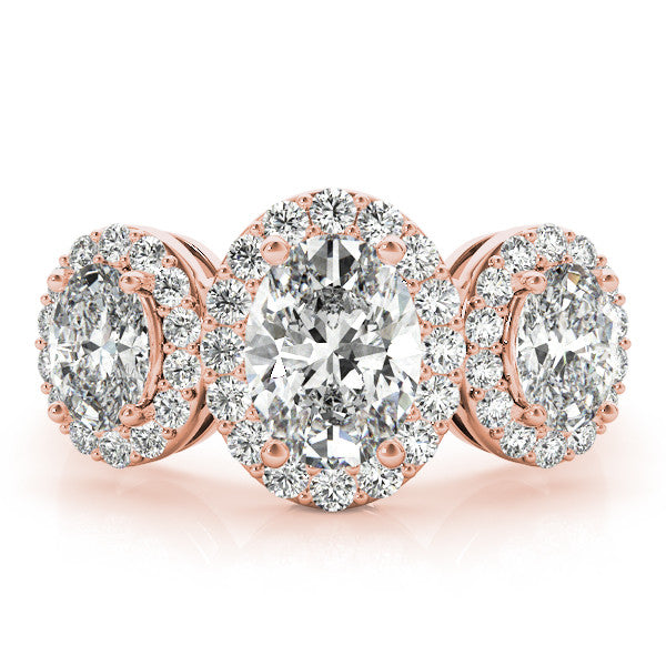 Rose gold Three-Stone Oval Halo Diamond Ring with Pave Band and Four-Prong Setting