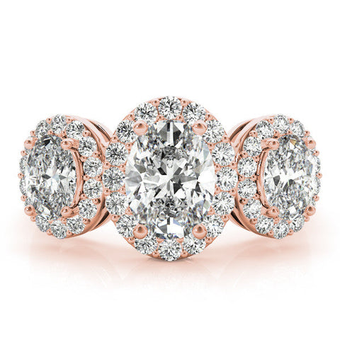 Rose gold Three-Stone Oval Halo Diamond Ring with Pave Band and Four-Prong Setting