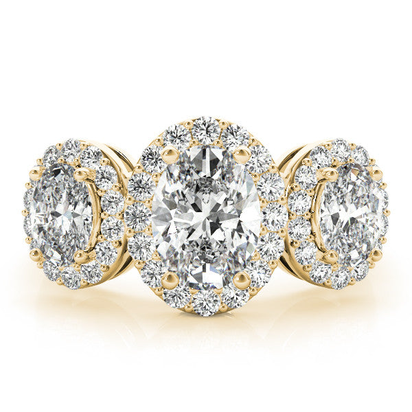 Yellow gold Three-Stone Oval Halo Diamond Ring with Pave Band and Four-Prong Setting