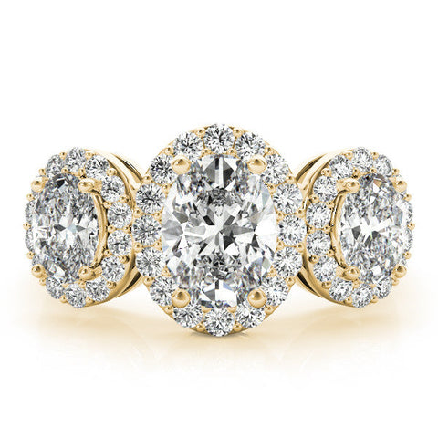 Yellow gold Three-Stone Oval Halo Diamond Ring with Pave Band and Four-Prong Setting