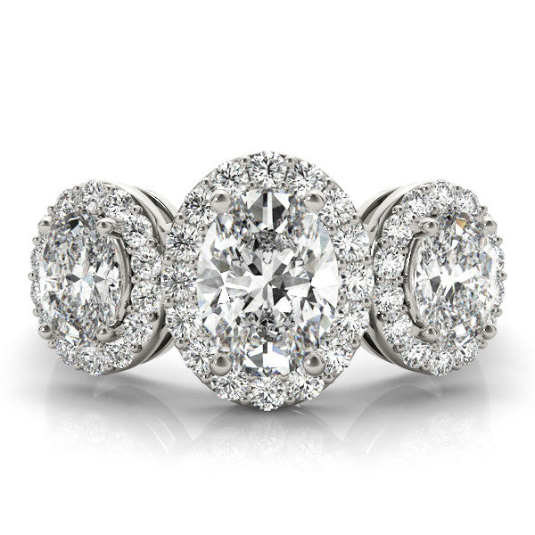 Platinum Three-Stone Oval Halo Diamond Ring with Pave Band and Four-Prong Setting