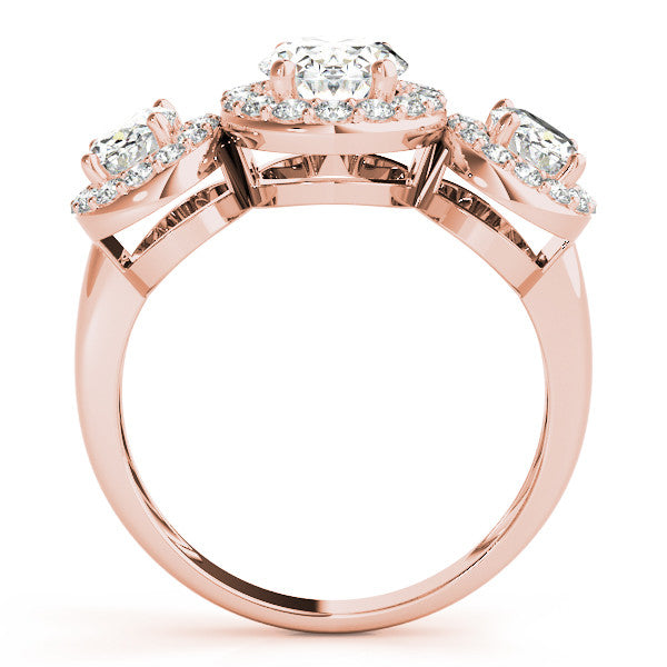 Rose gold Three-Stone Oval Halo Diamond Ring with Pave Band and Four-Prong Setting