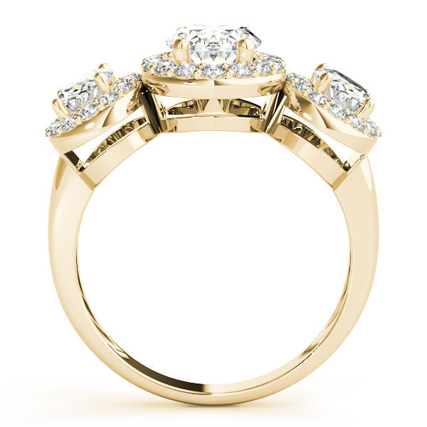 Yellow gold Three-Stone Oval Halo Diamond Ring with Pave Band and Four-Prong Setting