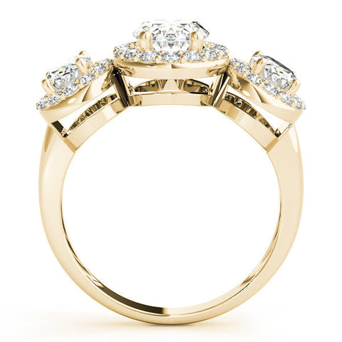 Yellow gold Three-Stone Oval Halo Diamond Ring with Pave Band and Four-Prong Setting