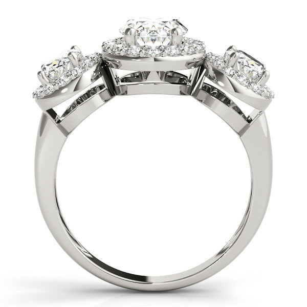 Silver Three-Stone Oval Halo Diamond Ring with Pave Band and Four-Prong Setting
