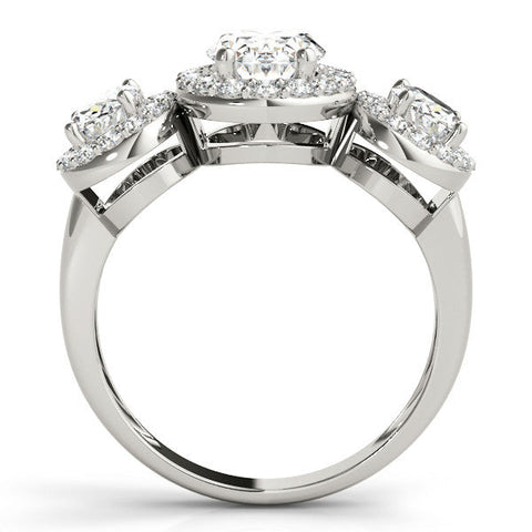 Platinum Three-Stone Oval Halo Diamond Ring with Pave Band and Four-Prong Setting