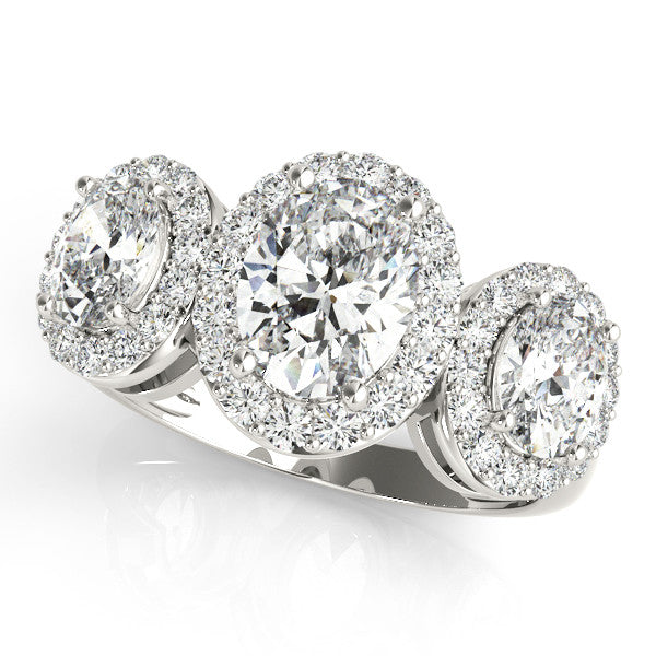 Silver Three-Stone Oval Halo Diamond Ring with Pave Band and Four-Prong Setting