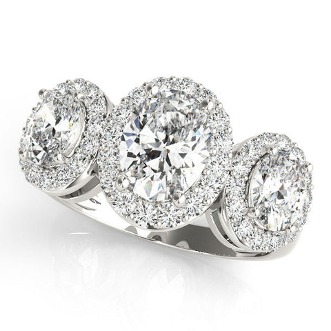Silver Three-Stone Oval Halo Diamond Ring with Pave Band and Four-Prong Setting