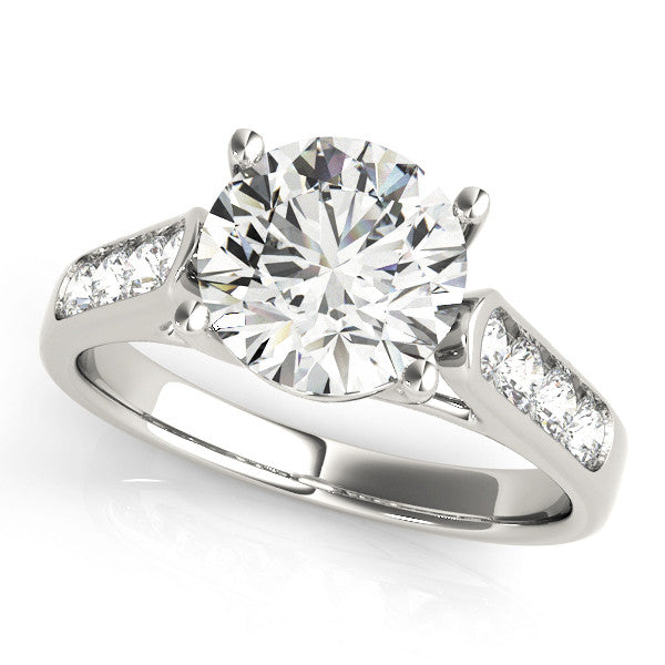 Platinum Round Solitaire Cathedral Diamond Engagement Ring with Channel-Set Band and Four-Prong Setting