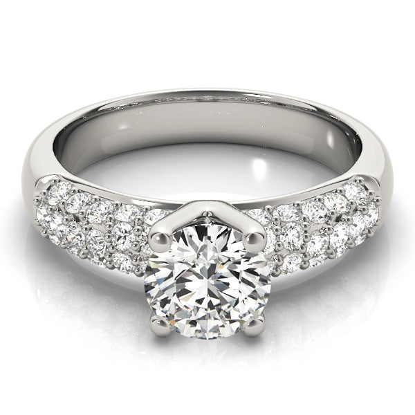 White gold Round Diamond Pavé Band Solitaire Ring with Four-Prong Setting