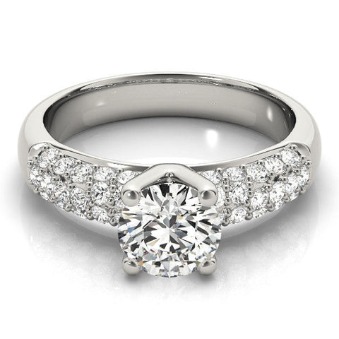 White gold Round Diamond Pavé Band Solitaire Ring with Four-Prong Setting