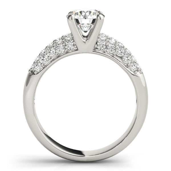 White gold Round Diamond Pavé Band Solitaire Ring with Four-Prong Setting