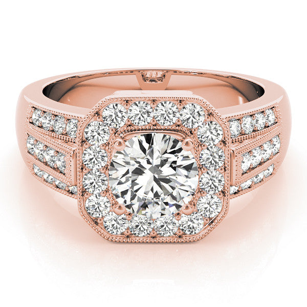 Rose gold Round Halo Diamond Engagement Ring with Pave Split Shank and Four-Prong Setting