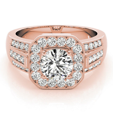 Rose gold Round Halo Diamond Engagement Ring with Pave Split Shank and Four-Prong Setting