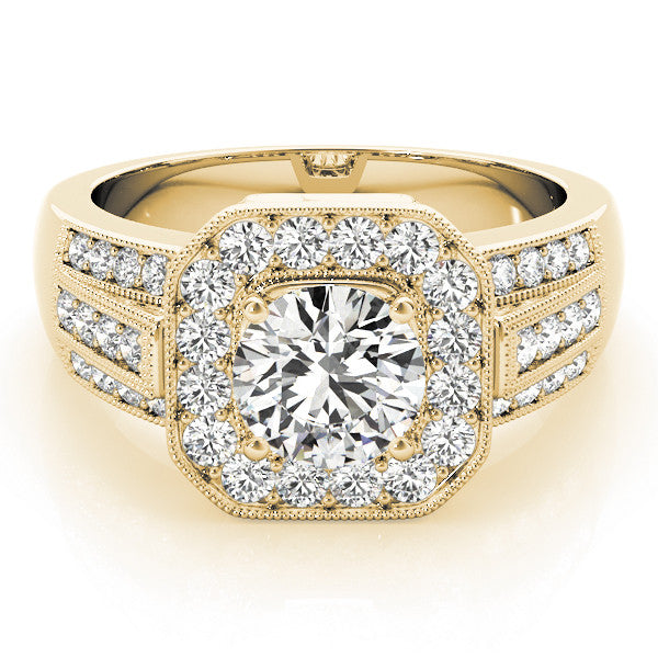 Yellow gold Round Halo Diamond Engagement Ring with Pave Split Shank and Four-Prong Setting