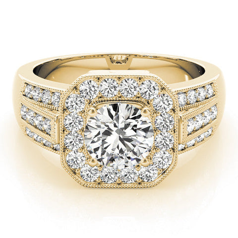 Yellow gold Round Halo Diamond Engagement Ring with Pave Split Shank and Four-Prong Setting