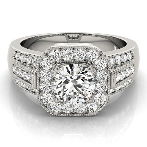 Platinum Round Halo Diamond Engagement Ring with Pave Split Shank and Four-Prong Setting