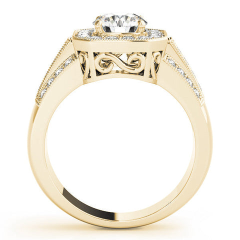 Yellow gold Round Halo Diamond Engagement Ring with Pave Split Shank and Four-Prong Setting