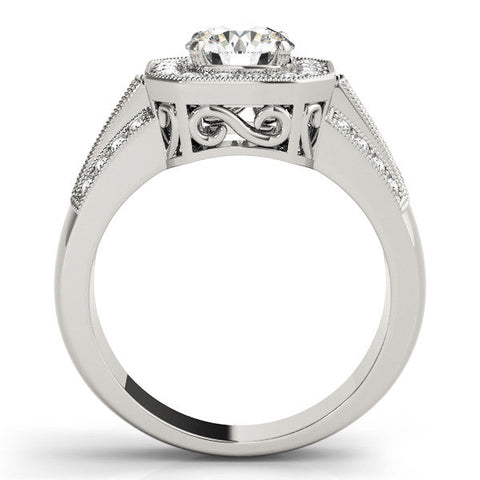 Silver Round Halo Diamond Engagement Ring with Pave Split Shank and Four-Prong Setting