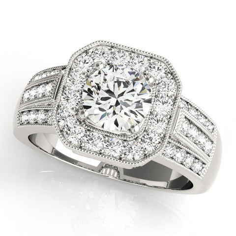 Platinum Round Halo Diamond Engagement Ring with Pave Split Shank and Four-Prong Setting