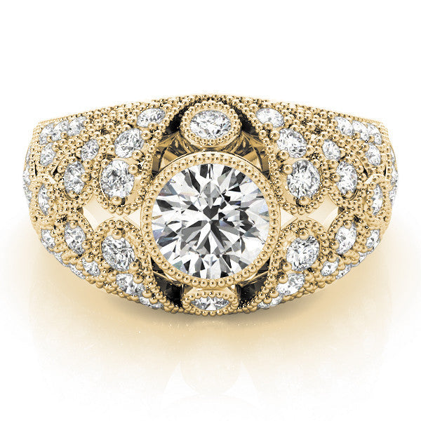 Yellow gold Round Brilliant Halo Pave Diamond Milgrain Ring