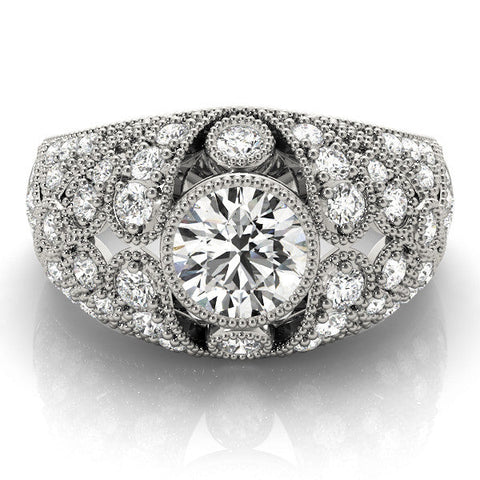 Silver Round Brilliant Halo Pave Diamond Milgrain Ring