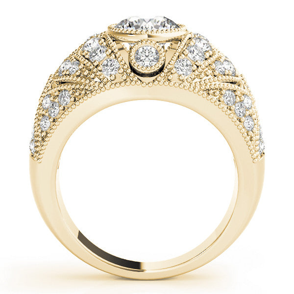 Yellow gold Round Brilliant Halo Pave Diamond Milgrain Ring