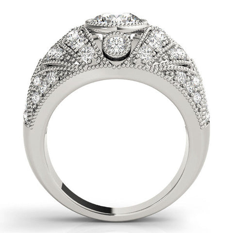 Silver Round Brilliant Halo Pave Diamond Milgrain Ring