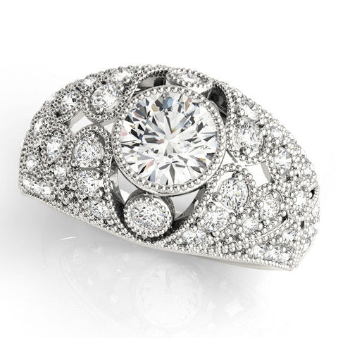 Silver Round Brilliant Halo Pave Diamond Milgrain Ring