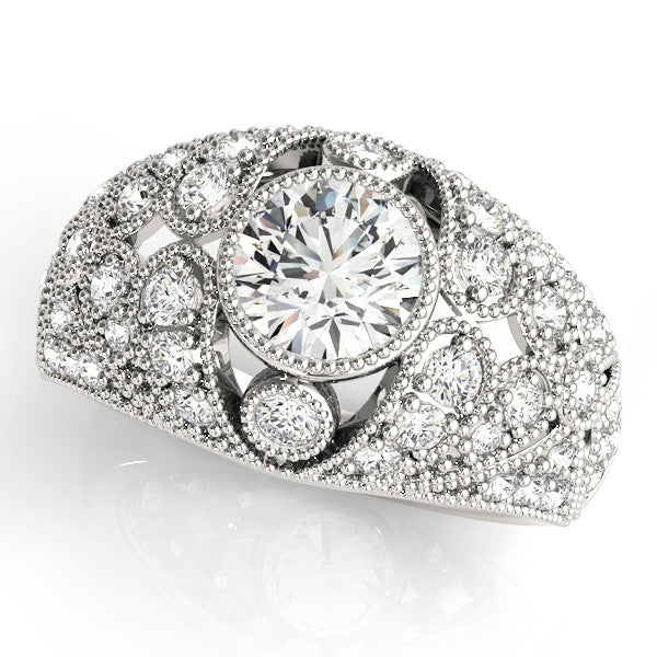 White gold Round Brilliant Halo Pave Diamond Milgrain Ring