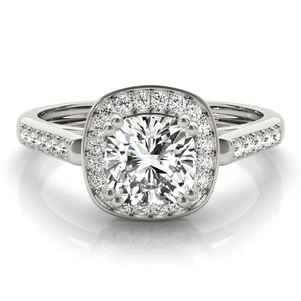 Silver Cushion Halo Diamond Ring with Split Shank and Four-Prong Setting